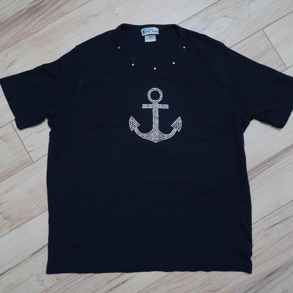 Las Olas Black Rhinestone Anchor Nautical Top Coastal Glam XL Vintage Y2K - Picture 2 of 6